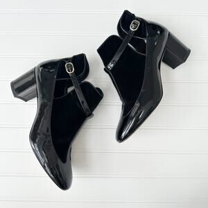 Valentino Patent Leather Velvet T-Strap Block Heel Ankle Strap Pumps Black 38